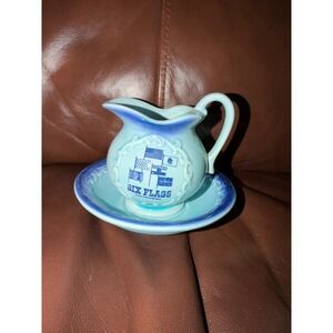 Vintage Six Flags Over Mid-America Blue‎ Ceramic Mini Creamer and Saucer Set